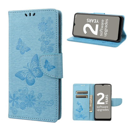 Blue butterfly embossed flip leather phone case with magnetic flap and card pocket