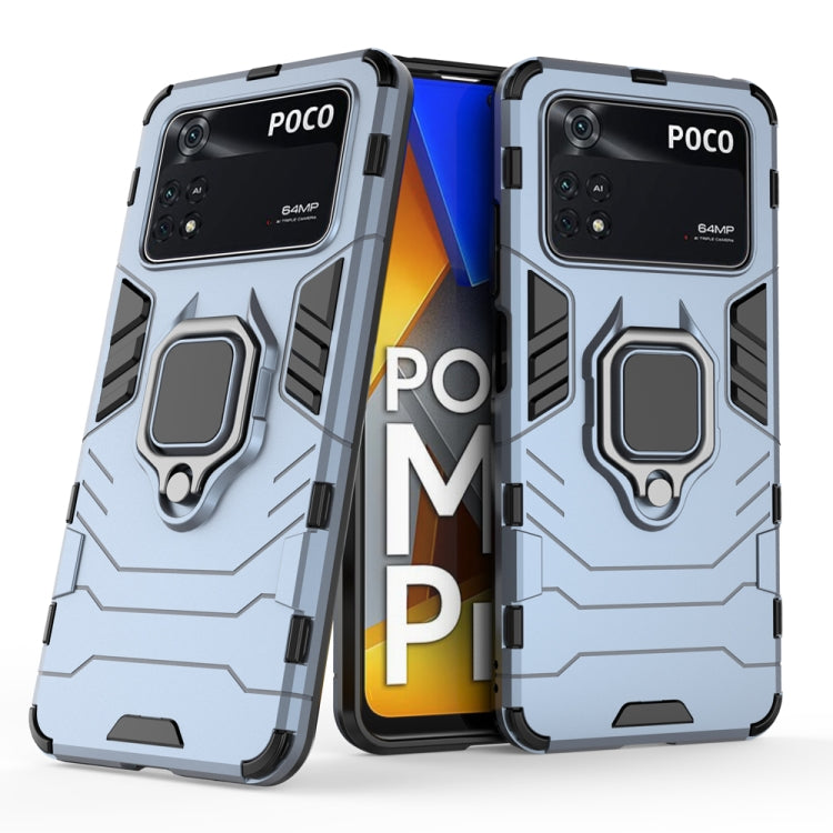 Shockproof protective phone case with magnetic ring holder, light blue and black finish