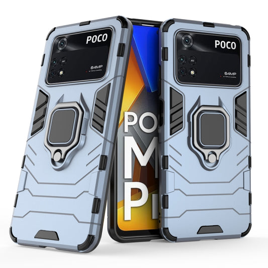 Shockproof protective phone case with magnetic ring holder, light blue and black finish
