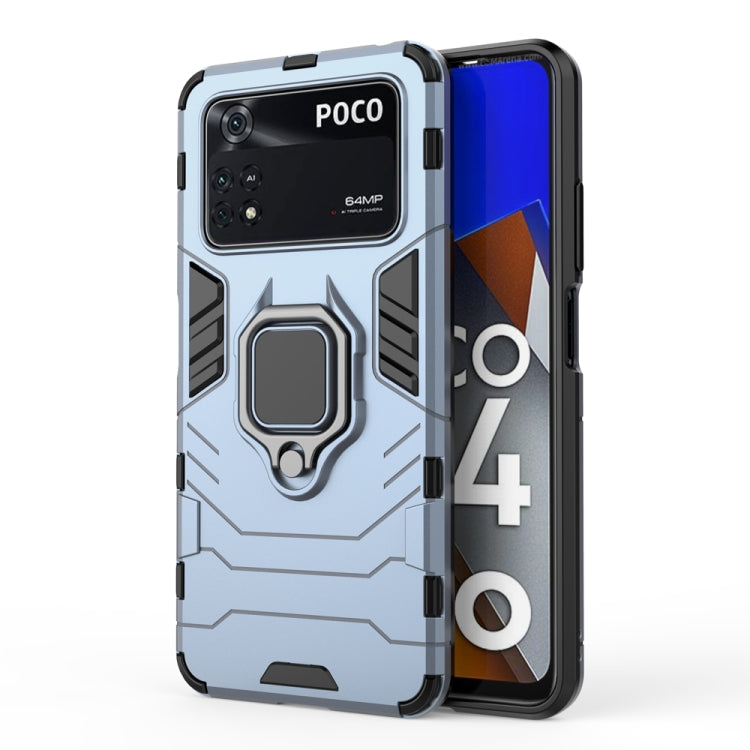 Shockproof protective phone case with magnetic ring holder, light blue back and black sides