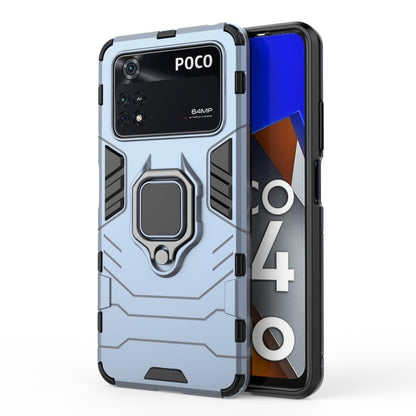 Shockproof protective phone case with magnetic ring holder, light blue back and black sides