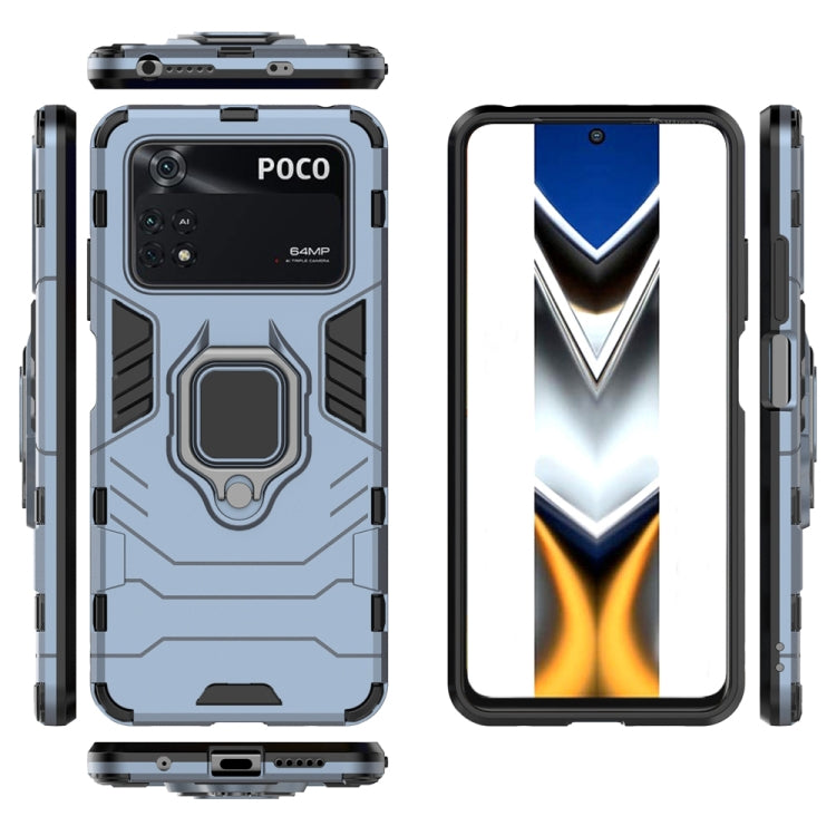 Shockproof phone case with magnetic ring holder, light blue back, open front and side views