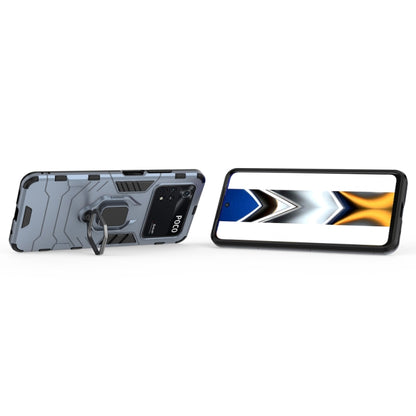 Shockproof phone case with magnetic ring holder, light blue and black, side profile and screen