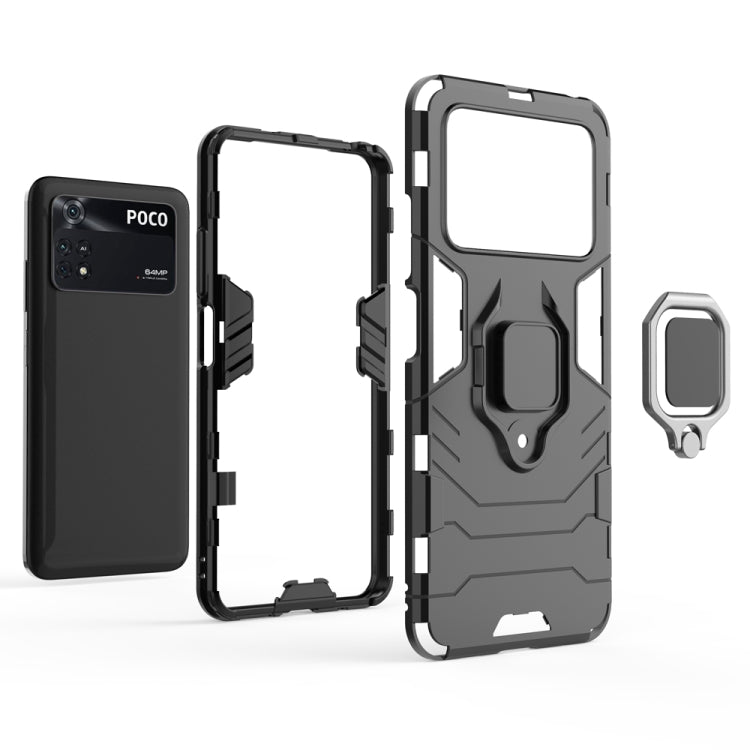 Shockproof protective phone case with magnetic ring holder, black and silver-gray design