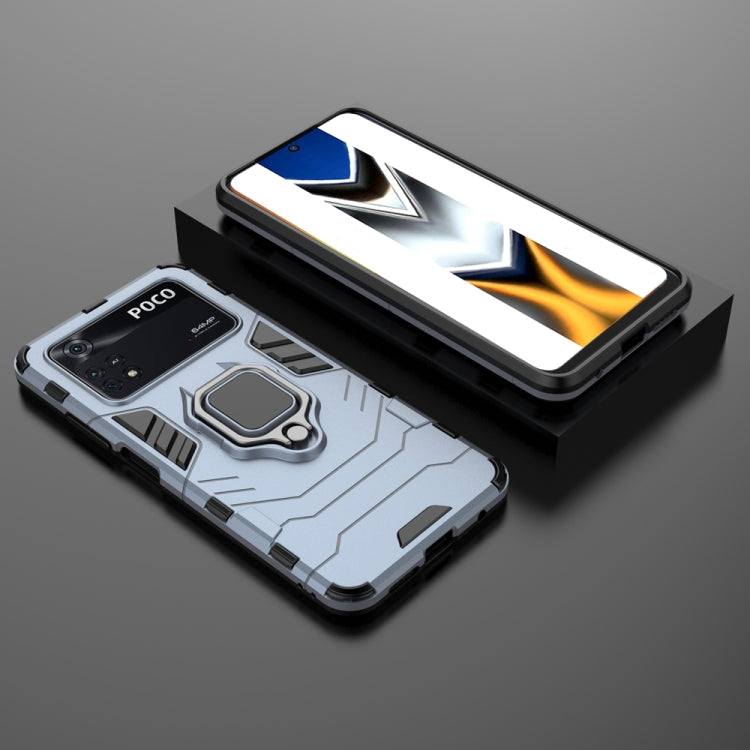 Shockproof protective phone case with magnetic ring holder, light blue back and raised edges