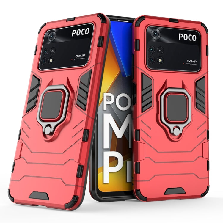 Shockproof protective phone case with magnetic ring holder, red back with black protective frame