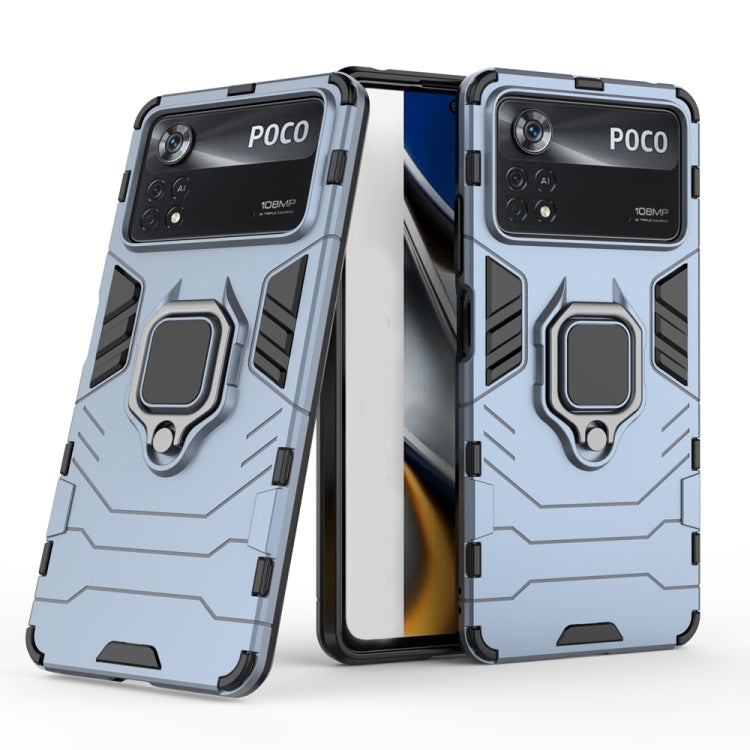 Shockproof protective phone case with magnetic ring holder, light blue back with phone installed