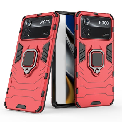 Rugged shockproof phone case with magnetic ring holder, red and black