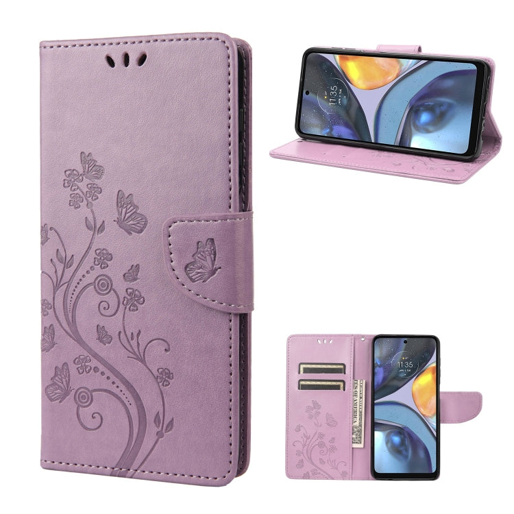 Light purple leather phone case with butterfly and floral pattern, folio style