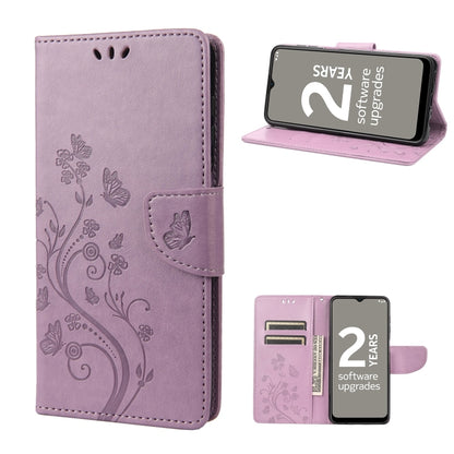 Light purple leather folio phone case with butterfly and flower vine pattern