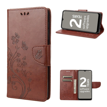 Brown leather phone case with butterfly flower pattern and flip stand