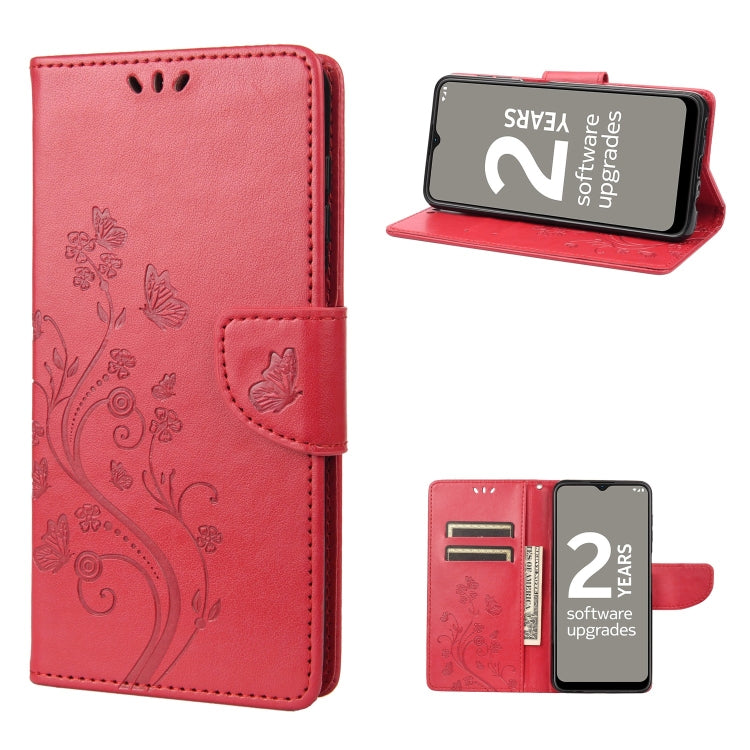 Red leather phone case with butterfly flower pattern and flip stand