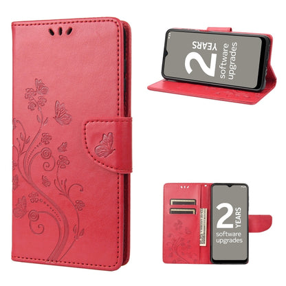 Red leather phone case with butterfly flower pattern and flip stand