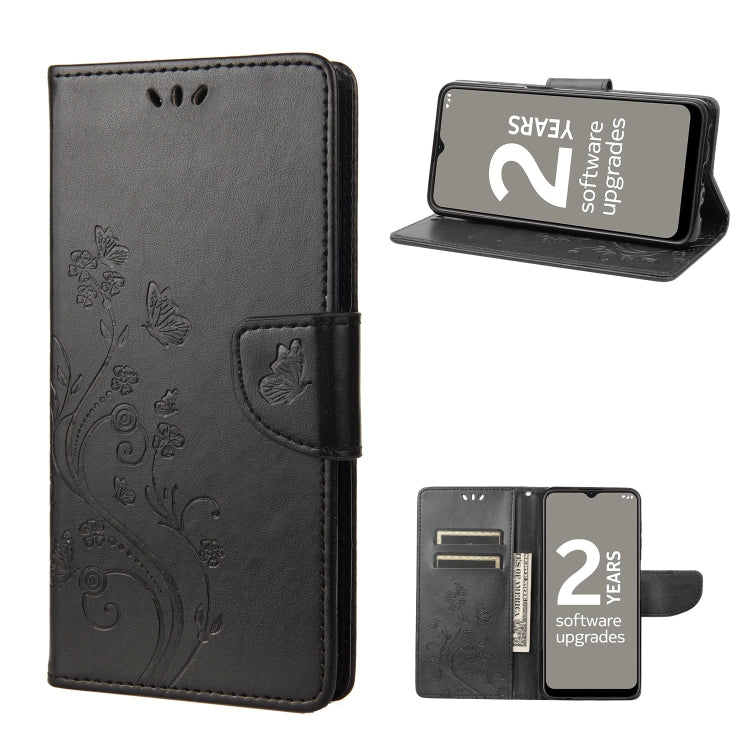 Dark gray leather phone case with butterfly flower pattern and flip stand