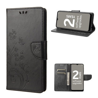Dark gray leather phone case with butterfly flower pattern and flip stand