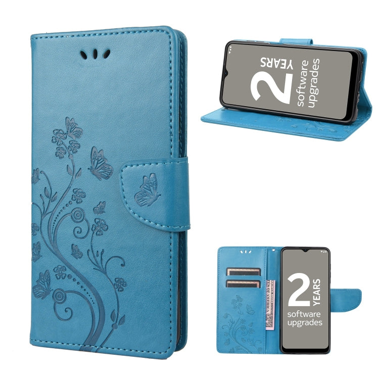 Light blue leather phone case with butterfly flower pattern and flip stand