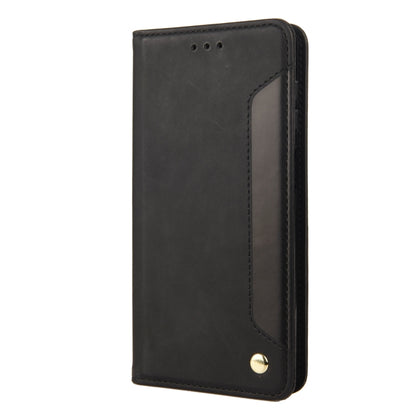 Black leather phone wallet case back, stitched panel and metal snap button