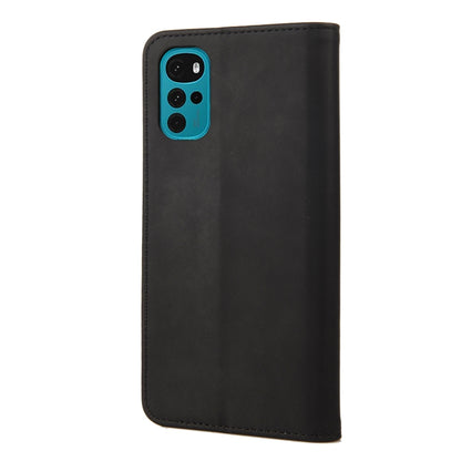 Black leather phone case back view with cutout for camera and side buttons