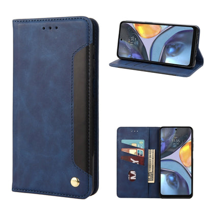 Blue leather phone case with flip cover, card slots, and speaker cutouts