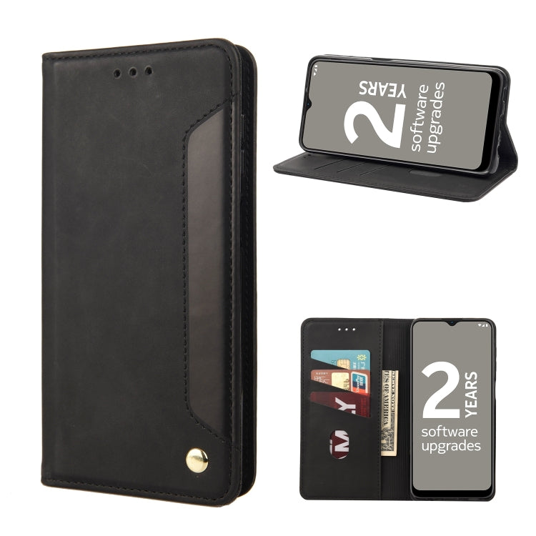Black leather phone wallet case with flip cover and card slots, phone shown