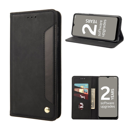 Black leather phone wallet case with flip cover and card slots, phone shown
