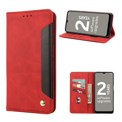 Red leather wallet phone case with kickstand, screen facing forward