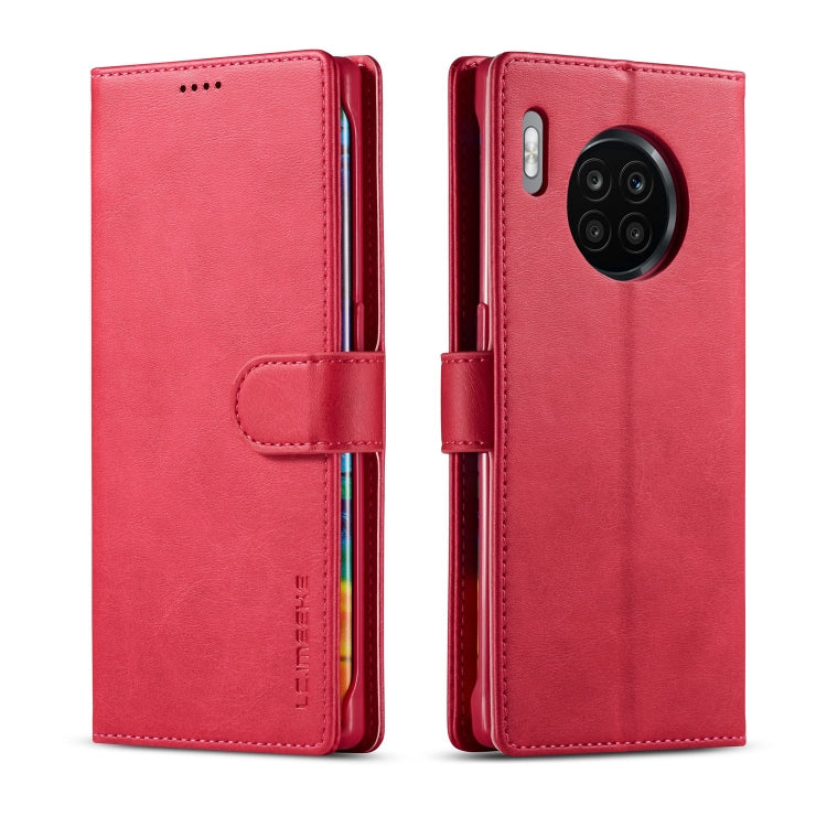 Red flip leather phone case with card holder and magnetic clasp, fits Honor 50 Lite