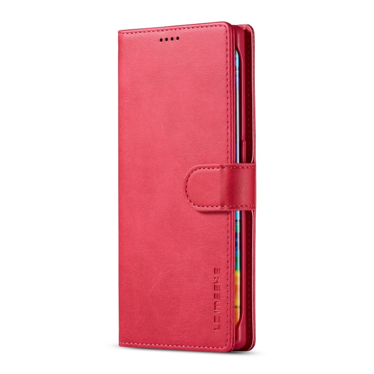 Red flip leather phone case with side card pocket and magnetic strap, Honor 50 Lite