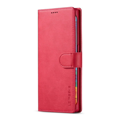 Red flip leather phone case with side card pocket and magnetic strap, Honor 50 Lite