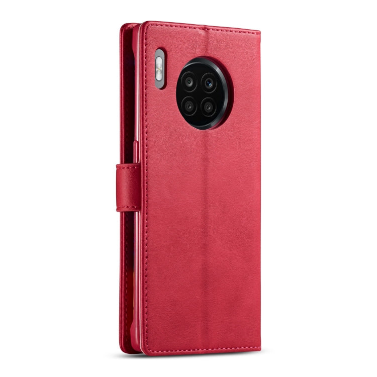 Red folio flip leather phone case with raised camera cutout, Honor 50 Lite