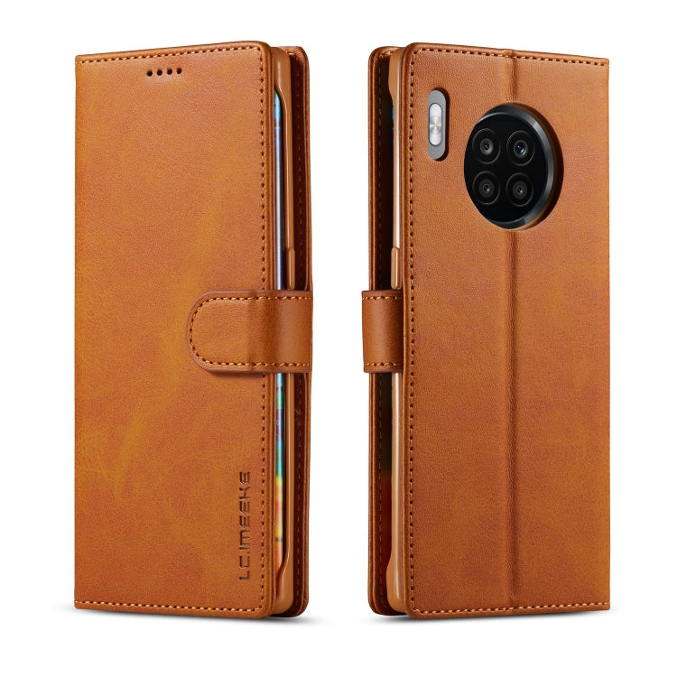 Tan flip leather phone case with magnetic strap and card pocket, Honor 50 Lite