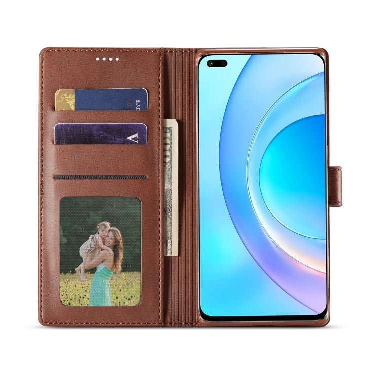 Brown folio flip leather phone case open view with card slots and stand, Honor 50 Lite