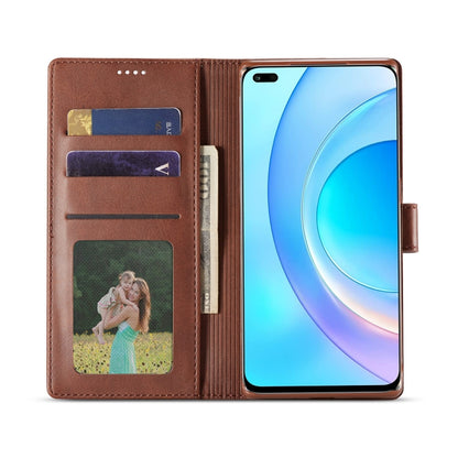 Brown folio flip leather phone case open view with card slots and stand, Honor 50 Lite