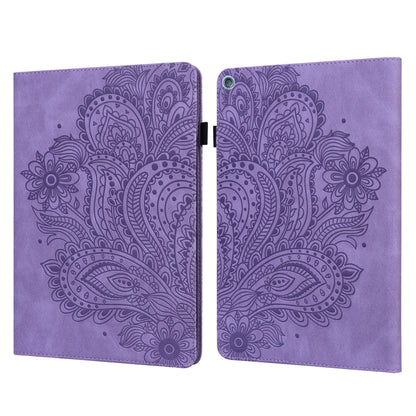 Purple embossed peacock-pattern folio tablet case with two-piece cover and clasp