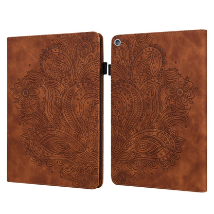 Brown embossed peacock-pattern folio tablet case with two-piece cover and clasp