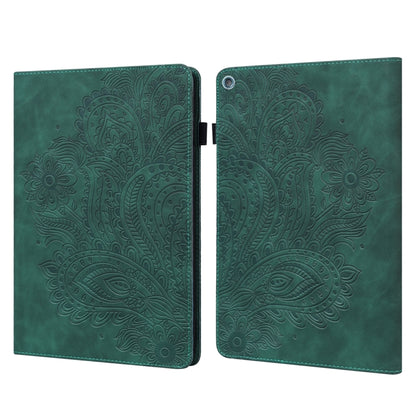 Teal peacock-embossed bifold tablet case with magnetic closure