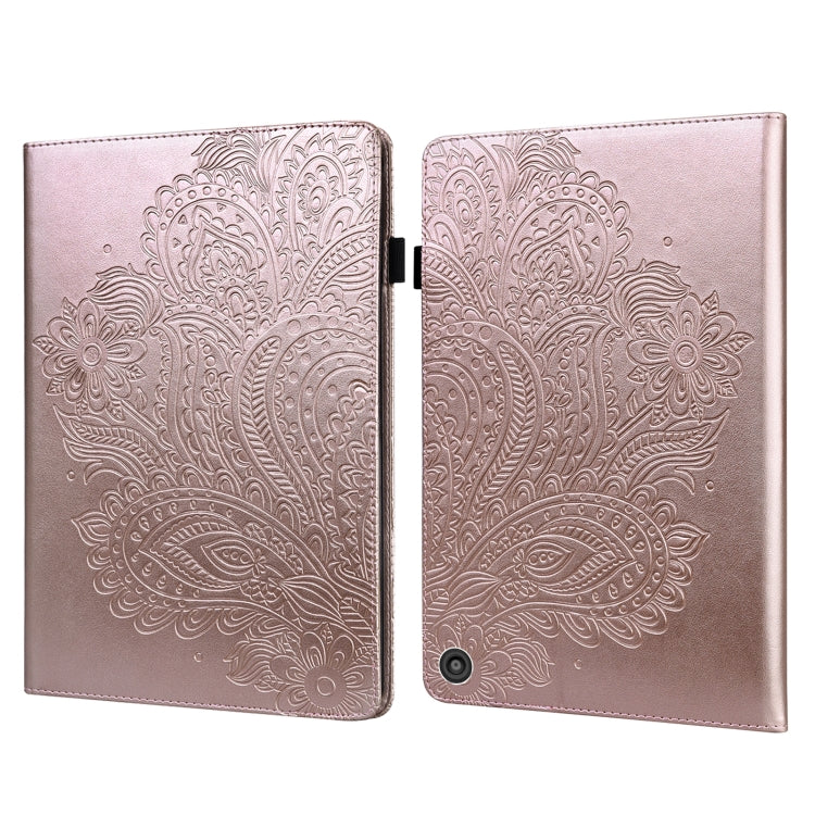 Rose-gold peacock-embossed bifold tablet case with magnetic closure