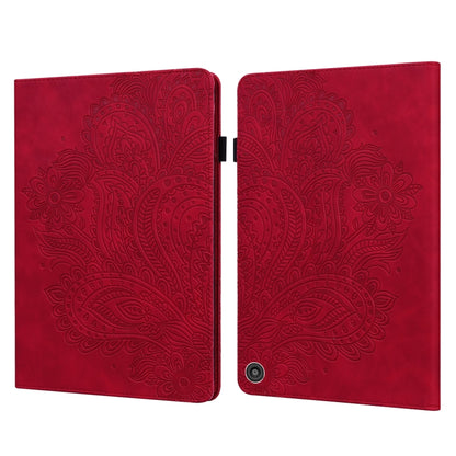 Red peacock-embossed bifold tablet case with magnetic closure