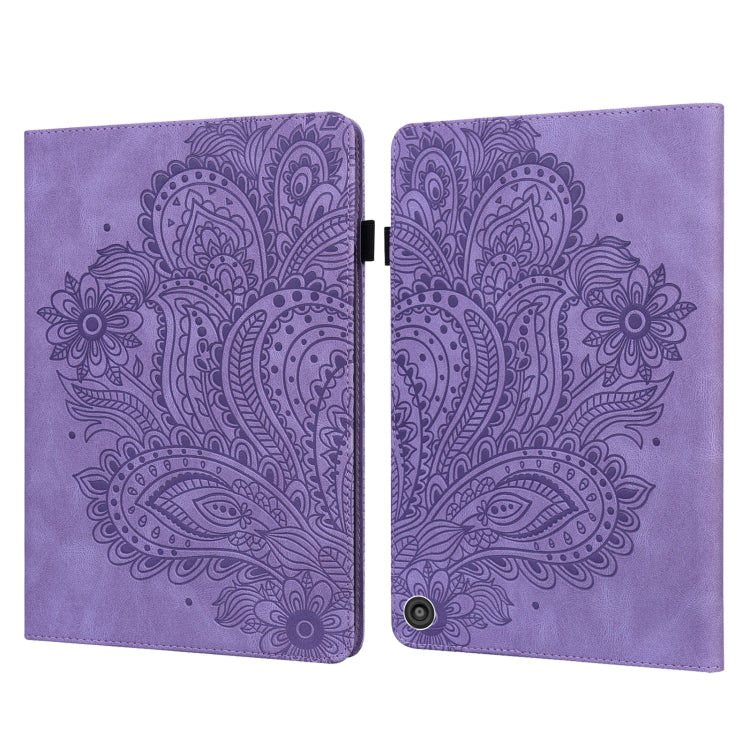 Peacock embossed purple tablet case with decorative floral and eye pattern on front
