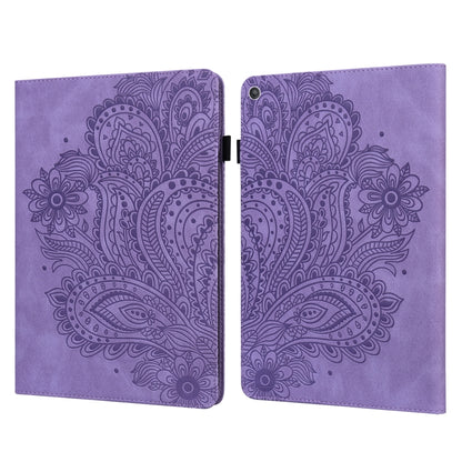 Purple embossed leather-style tablet folio case with peacock pattern and snap clasp.
