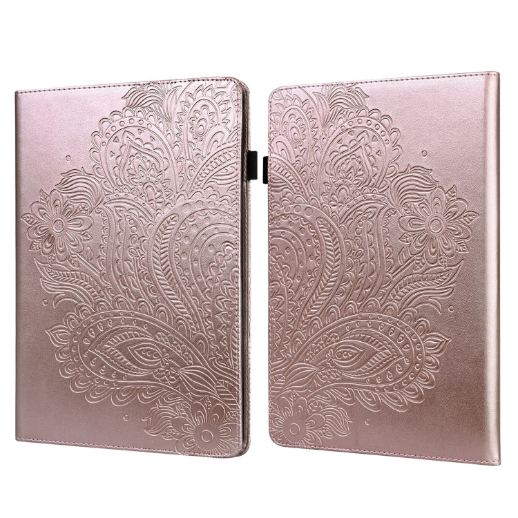 Light rose embossed folio tablet case with peacock motif and centered snap closure.