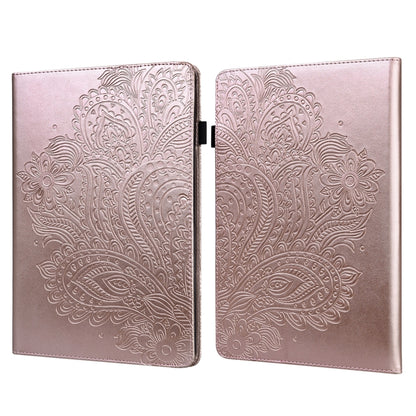 Light rose embossed folio tablet case with peacock motif and centered snap closure.