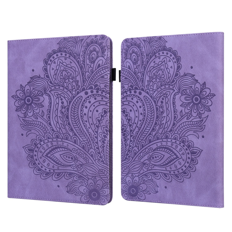 Lavender purple embossed folio tablet case with peacock motif and centered snap closure.