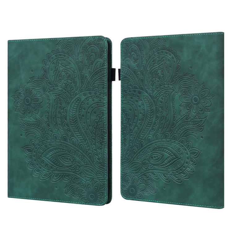 Green peacock-embossed leather folio tablet case with magnetic closure