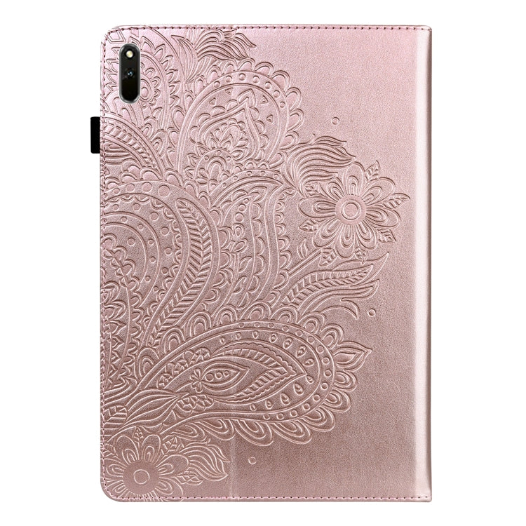 Rose gold embossed tablet case with peacock pattern and camera cutout on folio cover