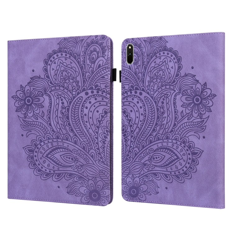 Purple tablet case with embossed peacock pattern, hinged folio cover and magnetic clasp