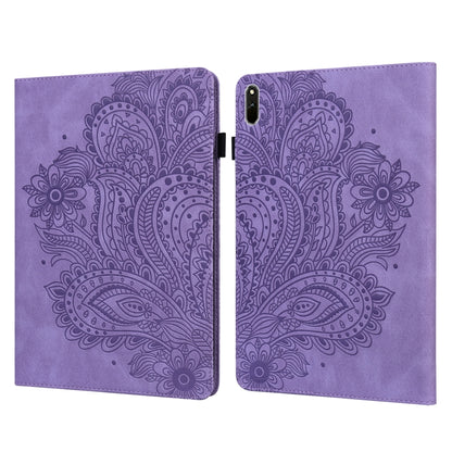 Purple tablet case with embossed peacock pattern, hinged folio cover and magnetic clasp