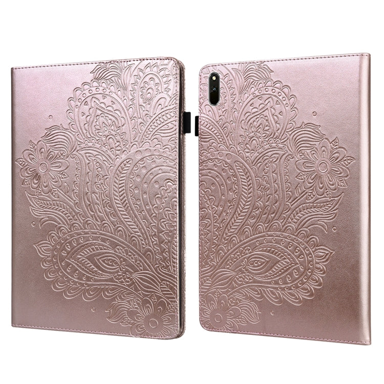 Rose gold embossed tablet case set with hinged folio cover and peacock pattern detail