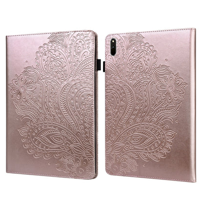 Rose gold embossed tablet case set with hinged folio cover and peacock pattern detail