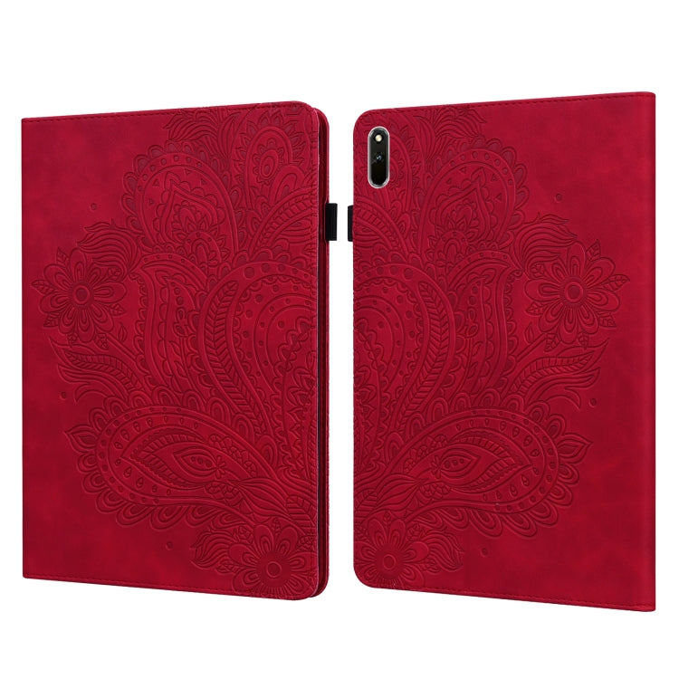Red embossed peacock pattern folio tablet case with magnetic snap